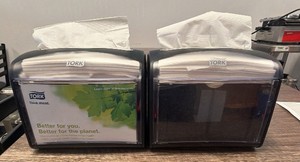 Lot of (2) Tork Xpressnap N4 Tabletop Interfold Napkin Dispensers  Professional AD-a-Glance Side Panels  Sleek Black