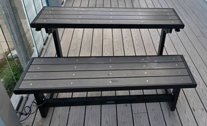 2-Tier Convertible Outdoor Patio Table & Bench Unit  Dark Wood-Grain Slats