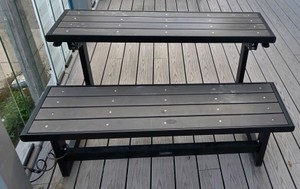 2-Tier Convertible Outdoor Patio Table & Bench Unit  Dark Wood-Grain Slats