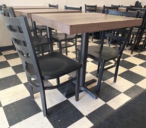 Commercial Restaurant Dining Set  Wood Grain Table Top & (2) Black Ladder-Back Chairs  Excellent Condition