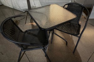 Patio table with 2 resin wicker chairs
