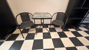 Patio table and 2 resin wicker chairs
