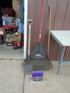 Assorted lawn tools. Rake, shovel & hay fork. As shown.