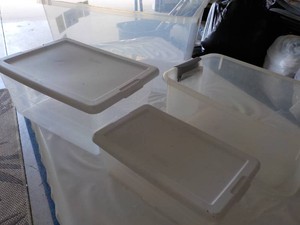 4 Storage Tubs with 2 Covers and a Bissel Sweep-Up