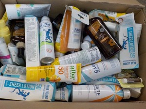 Large Box of New Overstock Variety of Sunscreen and Aloe Lotion