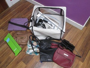 Storage tote filled with purses, cricut paper cutter and more