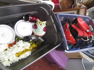2 Totes filled with kitchen supplies