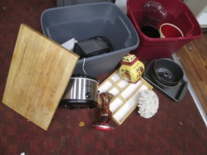 Kitchen lot including a butcher block cutting board