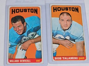 Lot of 2 Topps 1965 Football Cards Featuring Willard Dewveall and Bob Talamini - Houston Oilers Vintage Football Cards