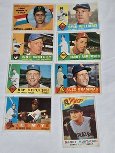 Lot of 8 Vintage Baseball Cards Early 1960s Featuring Stan Williams, Harry Anderson, Alex Grammas, Danny Murtaugh, Manuel Javier, Art Schult, Rip Repulski, Lee Maye