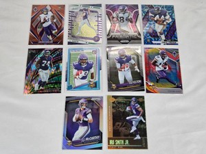 Lot of 10 Minnesota Vikings Football Cards Featuring Jordan Addison, JJ McCarthy Rookie, Randy Moss, Chuck Foreman, Donovan Jackson RC, Tai Felton Rookie, Stefon Diggs, and Irv Smith Jr. RC