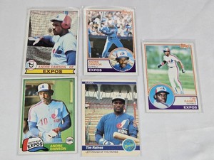 Lot of 5 Montreal Expos Baseball Cards Featuring Andre Dawson and Tim Raines, including Topps and Fleer brands with vintage cards from the 1980s.