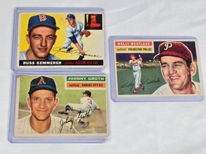Lot of 3 Vintage 1956 Topps Baseball Cards Featuring Russ Kemmerer, Johnny Groth, and Wally Westlake.