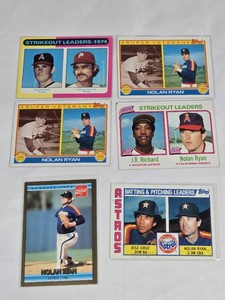 Lot of 6 Nolan Ryan Baseball Cards Including 1985 Donruss, 1974 and 1979 Strikeout Leaders, and 1983 Topps Super Veteran.