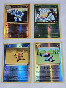 Lot of 4 Reverse Holo Pokemon Trading Cards with Machoke, Weedle, Staryu, and Porygon