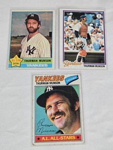 Lot of 3 Thurman Munson Baseball Cards including Topps and Yankees Team Cards, AL All-Star Features.