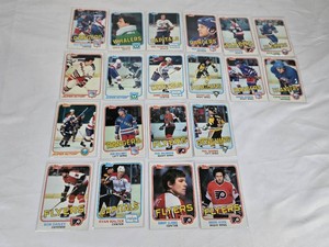 Lot of 20 Hockey Cards from 1981 Featuring Players from Flyers, Rangers, Capitals, and More. Includes notable players like Bobby Clarke and Ryan Walter.