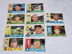 Lot of 10 Vintage 1960 Topps Baseball Cards featuring Earl Wilson, Ray Monzant, Glen Hobbie, Ron Blackburn, Hal Brown, Danny Kravitz, Ernie Johnson, George Altman, Vic Power, and Jim Owens