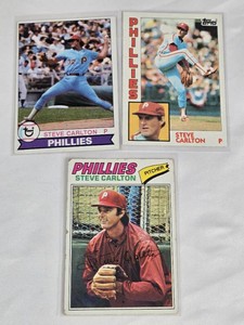 Lot of 3 Steve Carlton Baseball Cards from Topps including Vintage Phillies Cards with Special Features.