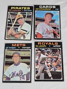 Lot of 4 Vintage 1971 Baseball Cards Featuring Bill Mazeroski, Red Schoendienst, Gil Hodges, Lou Piniella