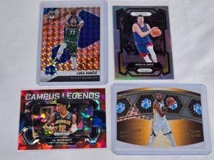 Lot of 4 Basketball Stars Cards Featuring Luka Doncic, Nikola Jokic, Ja Morant, and Kevin Durant.
