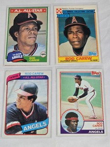 Lot of 4 Rod Carew Baseball Cards featuring Topps editions from various years.