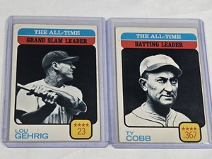Lot of 2 Vintage 1973 All Time Leaders Baseball Cards Featuring Ty Cobb and Lou Gehrig - Vintage Baseball Cards