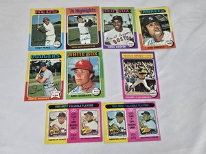 Lot of 9 Vintage Baseball Stars Cards Featuring Players Like Tony Perez, Steve Garvey, and Lou Piniella, Including 1974 World Series Highlights and 1965 MVPs Zoilo Versalles and Willie Mays Cards