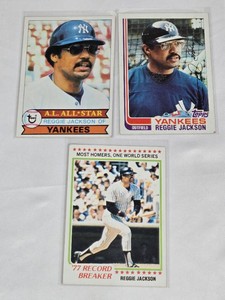 Lot of 3 Reggie Jackson Baseball Cards Featuring 1977 Record Breaker and AL All-Star