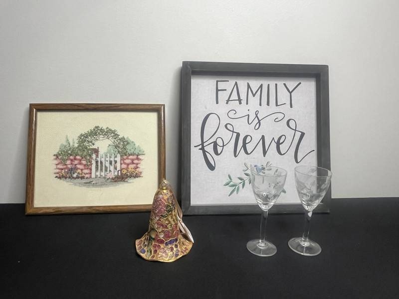 Home Decor Mixed Lot - NYCO Musical Ornament, Needlepoint, Wine Glass Pair & Sign