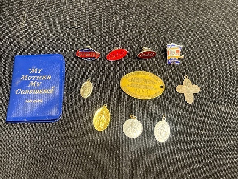 Vintage Religious Medals & Pins, Peterbilt Pins, 25th Anniversary Century Club Badge, Cross Pendant