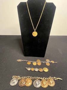VTG Coin Jewelry - Pendant Necklace & Charm Bracelets Mixed Lot (Lot of 4)