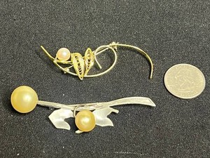 VTG Brooches w Leafy Designs & Possible Authentic Pearl Accents