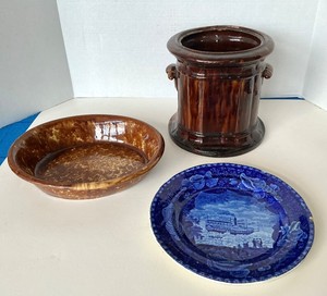 Early English Transferware Plate  Rockingham Glaze Bowl and Crock