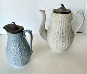 Antique English Relief Molded Salt Glaze Teapot and Jug
