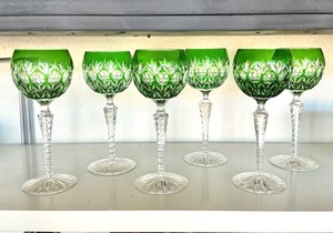 Set of 6 Emerald Green Cut Crystal HockWine Glasses