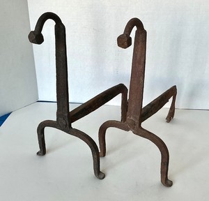 Pair of Early Antique Hand Wrought Gooseneck Andirons