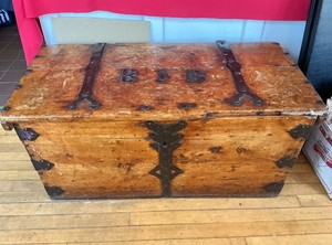 Antique Pine Immigrant Trunk With Hand Wrought Hardware