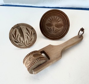 Pair of Antique Wooden Butter Stamps  Carved Wooden Butter Roller