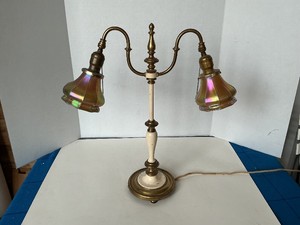 Vintage Double Arm Table Lamp With  Gold Aurene Art Glass Shades