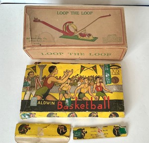 Vintage Loop the Loop Wind Up Toy  Baldwin Tin Litho Basketball Game