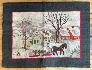 Folky Vintage Pictorial Hooked Rug