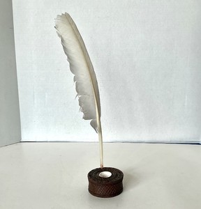Antique Carved Wooden Inkwell and Quill Pen