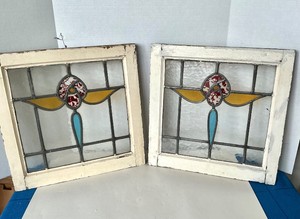 Small Pair Antique Stained Glass Windows