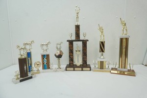 vintage trophys 4 Rodeo, 2 baseball, 1 basketball 11 to 23.5 tall