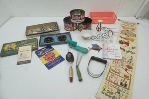 vintage kitchen utensils, cook book, coffee tins and more