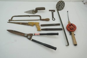 ice fishing scoop, jig stick, garden tools, chisels