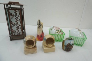 Lantern, chalkware horse, Japan ash ceramics, glass eggs