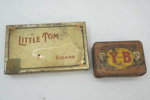 2 vintage tin cigar boxes, Little Tom, Yokum Bros.