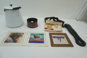 vintage county fair mirror art, tool belt and snake light, enamel coffee pot, watermelon theme canister
